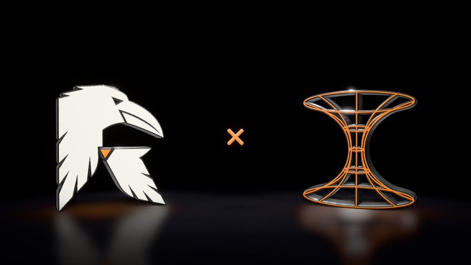 A graphic on a black background showing a white eagle head profile next to an orange 'x' and a wireframe orange hourglass-like structure.
