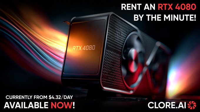 A promotional advertisement for CLORE.AI advertising RTX 4080 GPU rental by the minute starting from $4.32/day.