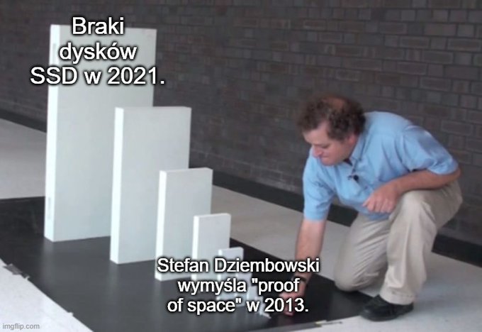 A meme showing a man kneeling next to progressively smaller white blocks, with Polish text "Braki dysków SSD w 2021." and "Stefan Dziembowski wymyśla 'proof of space' w 2013."