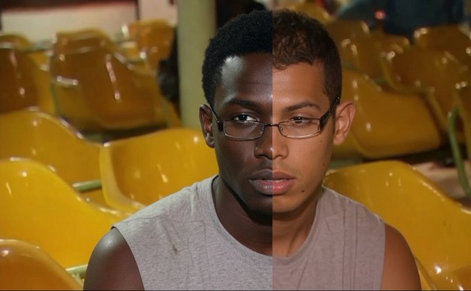 A split-screen image shows the same young man wearing glasses and a gray tank top seated in yellow stadium chairs, with the left half appearing darker and the right half lighter—visually illustrating the "Who’s your daddy now" meme's theme of contrast or transformation, tied to the playful $MIX stock mention.