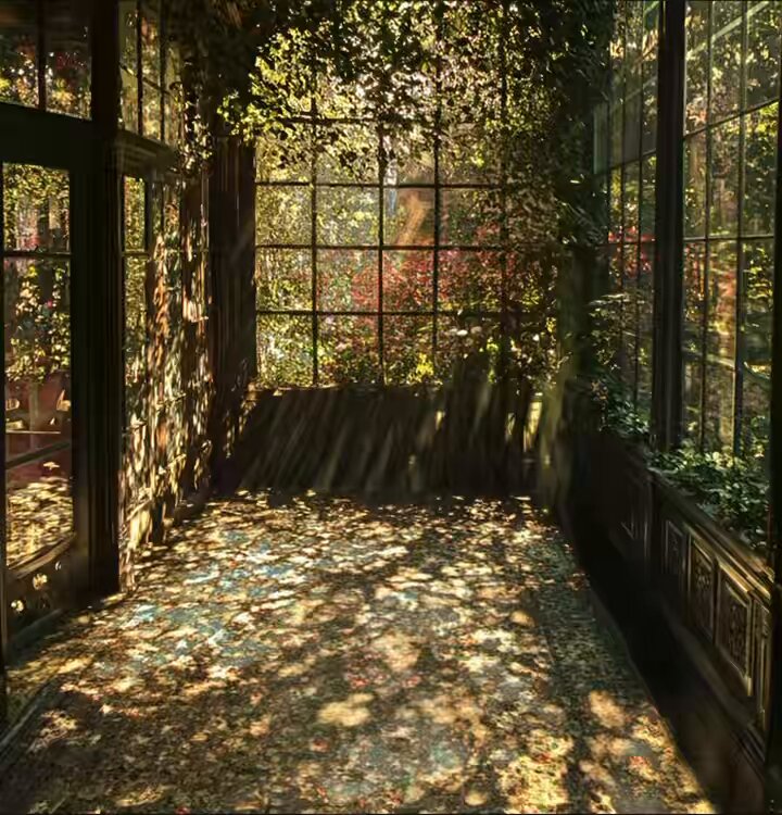 The image features an indoor space with large windows that allow sunlight to stream through, creating a warm and inviting atmosphere. The room has a wooden floor and walls adorned with various plants, adding a touch of nature to the interior design. A bench is situated in the center of the room, providing a comfortable seating area for relaxation or contemplation. 

In the image, there are also several people present, possibly enjoying the natural light and greenery within the space. The overall scene conveys a sense of tranquility and harmony with nature.