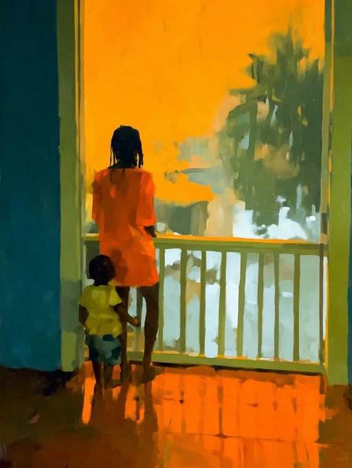 A painterly digital artwork depicts a woman in an orange dress and a small child in a yellow shirt standing together on a sunlit porch, looking out through a railing at green trees and warm orange sky.