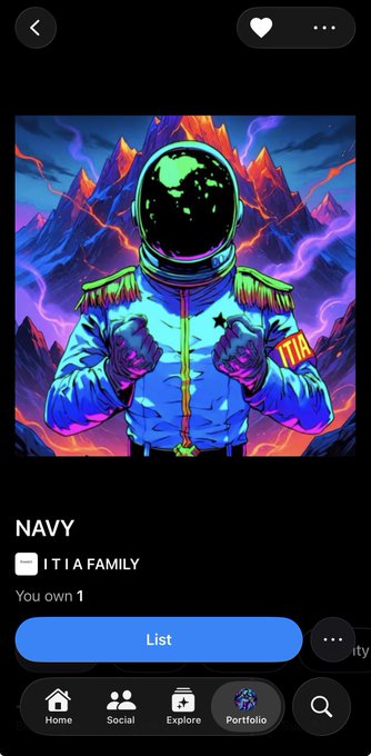 A vibrant digital illustration of an astronaut in a blue spacesuit giving finger guns, set against a neon-lit volcanic landscape, is displayed on an OpenSea NFT listing page for the "NAVY" item in the "ITIA FAMILY" collection, marking the project's official launch on-chain as a storytelling-driven NFT identity series.