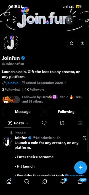 A social media profile screenshot shows an account named 'Joinfun' (@joindotfun) with the description 'Launch a coin. Gift the fees to any creator, on any platform.', noting 'Joined September 2026' and '1.4K Followers'.