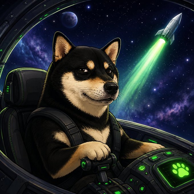 A cartoon-style illustration of a black and tan Shiba Inu dog wearing a harness and sitting in a futuristic cockpit, with a green rocket ship launching through a starry space background visible through the window.