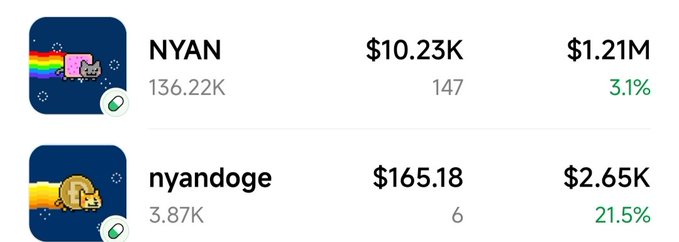 Cryptocurrency tracker showing meme tokens NYAN (Nyan Cat) at $10.23K with 3.1% gain and nyandoge at $165.18 with 21.5% gain.