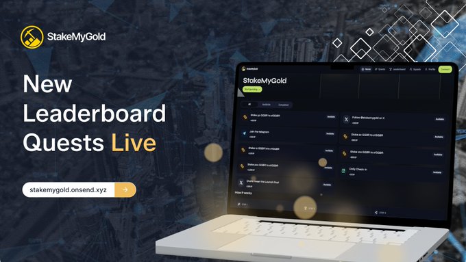 A promotional graphic for StakeMyGold announces "New Leaderboard Quests Live" alongside a laptop displaying the platform's leaderboard interface with player rankings, while the URL stakemygold.onsend.xyz is featured for earning GFIN points. The visual directly supports the post's message by showcasing the competitive leaderboard where users can climb rankings to accumulate their gold-themed rewards.