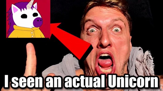 A meme featuring a shocked man giving a thumbs up with the text "I seen an actual Unicorn," with an arrow pointing to a purple and white unicorn cartoon character in the corner.