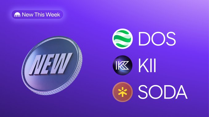 A purple promotional graphic featuring a metallic 'NEW' coin alongside three new cryptocurrency listings: DOS, KII, and SODA, with a 'New This Week' badge.