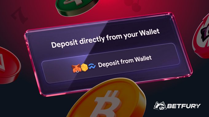 A promotional graphic for BETFURY showing a digital button reading 'Deposit directly from your Wallet' surrounded by floating cryptocurrency coins.