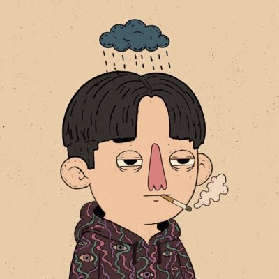 A cartoon illustration of a tired-looking boy smoking a cigarette with a raincloud raining on his head. The image's melancholy aesthetic and the character's drained expression pair with the post to humorously suggest the poster is "losing their head" over the artwork, overwhelmed with awe or excitement.