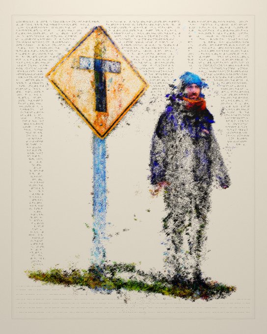 A pointillist-style artwork showing a child in a winter coat standing next to a yellow diamond-shaped sign with a cross symbol, set against a background filled with faint script writing.