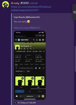 A screenshot of a Discord message from user "Brody" sharing an OpenSea NFT page for "Naft Brokers" with the caption "You are early!" and a link, promoting his Discord and X Space calls on the NFT before a price surge, aligning with his post about calling the token at .0002 before massive gains.