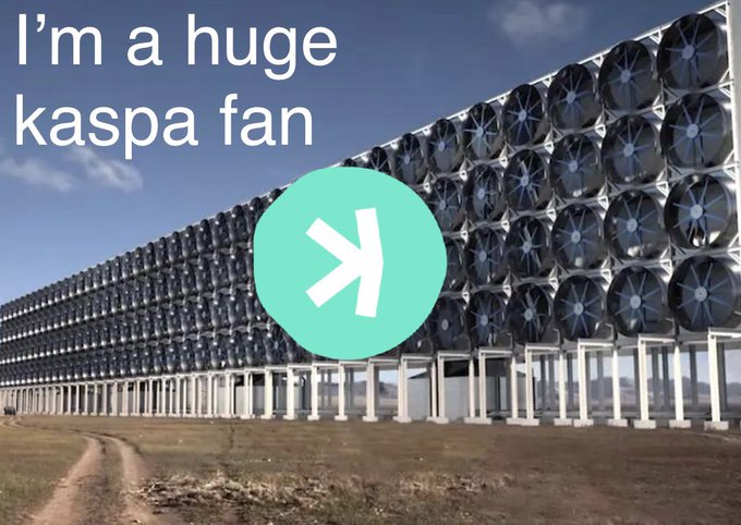 A meme image showing the Kaspa cryptocurrency logo overlaid on industrial fans with the text 'I'm a huge kaspa fan'.
