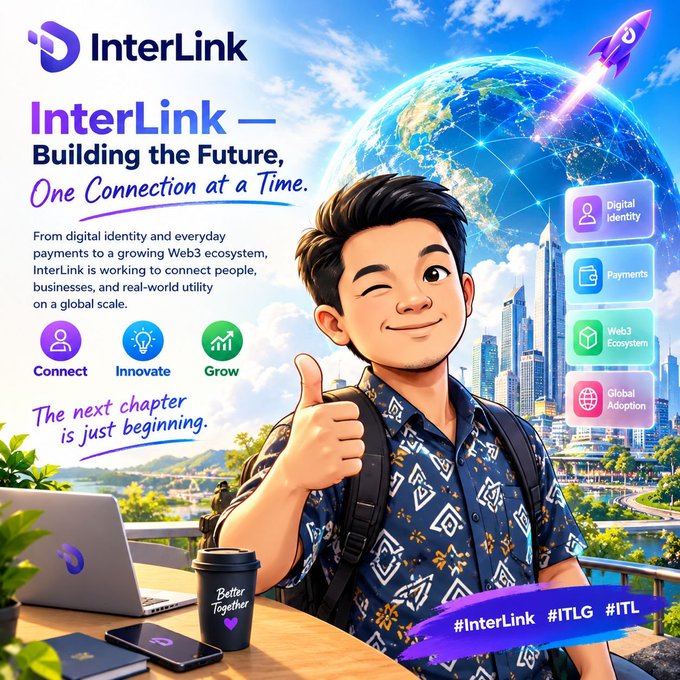 A promotional graphic for InterLink featuring a 3D cartoon character giving a thumbs up, with the tagline 'Building the Future, One Connection at a Time' and icons for Digital Identity, Payments, Web3 Ecosystem, and Global Adoption.