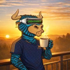 A vibrant cartoon-style image features a blue and black striped bull mascot wearing Adidas gear, sipping coffee while wearing a green headband labeled "INDAIRABLE," set against a warm golden sunrise. The relaxed, caffeinated bull embodies the upbeat "Good morning bulls" sentiment, greeting crypto traders with positive energy for the day ahead.