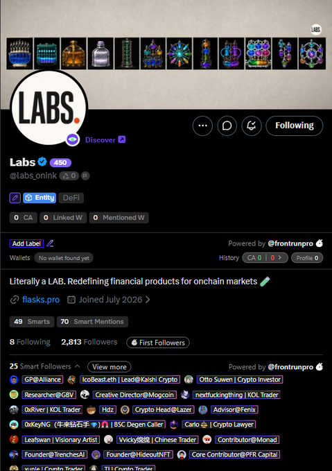 A Twitter profile page for 'Labs' (@labs_onink) with bio 'Literally a LAB. Redefining financial products for onchain markets', showing 2,813 followers and various smart follower badges.