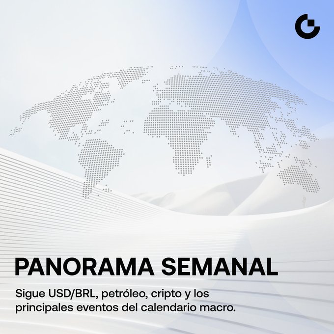 A 'Panorama Semanal' weekly newsletter graphic from what appears to be a financial publication, with text mentioning USD/BRL, petróleo (oil), crypto, and main macro calendar events.
