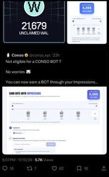 A social media post showing a score of '21,679' on an 'UNCLAIMED WALL' from '@conso_xyz', stating 'Not eligible for a CONSO BOT?', with 5.7K views and timestamp '6:07 PM · 1/17/26'.