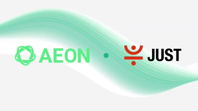 The image displays logos for "AEON" (in green with a geometric symbol) and "JUST" (in red and black), connected by a green dot, set against a flowing green wave background—visually representing the newly announced collaboration between AEON and JUST DAO to support the JST token in AI-driven payment and autonomous trading initiatives.
