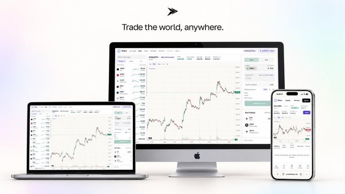 Trading platform advertisement showing "Trade the world, anywhere." with displays of trading charts on a desktop monitor, laptop, and mobile phone screens.