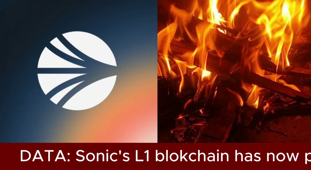 The image features a logo for Sonic's L1 blockchain with a fire burning behind it, symbolizing the power and energy of the technology. The text below the image reads "Data! Sonic's 1L1 Blockchain has now p", indicating that the image is related to a post about the progress of the blockchain project.