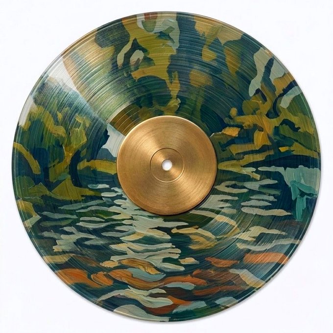 A vinyl record with custom painted artwork showing abstract green, blue, and earth-tone brushstrokes resembling foliage and water reflections, featuring a gold center label.