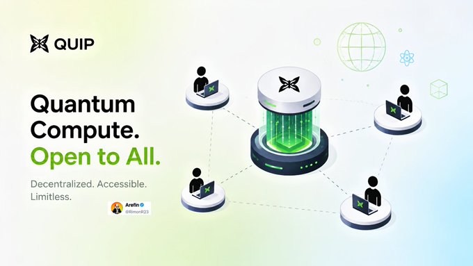 A promotional graphic for QUIP featuring the text 'Quantum Compute. Open to All. Decentralized. Accessible. Limitless.' alongside an illustration of users connected to a central quantum computer.