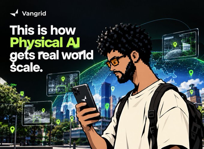 An illustrated promotional image for VanGrid showing a pixelated-style man with glasses holding a phone, surrounded by holographic location markers and the text 'This is how Physical AI gets real world scale.'