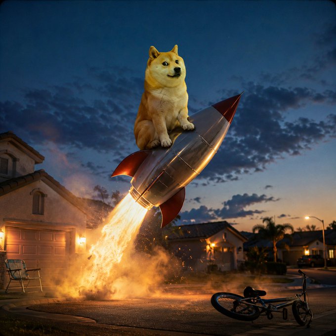 The image features a dog sitting on top of a rocket ship that has just taken off, flying through the air with its nose pointed towards the sky. In the background, there are houses visible, suggesting an urban setting for this scene. The caption "Blast Off!" is written in white text at the bottom right corner of the image.
