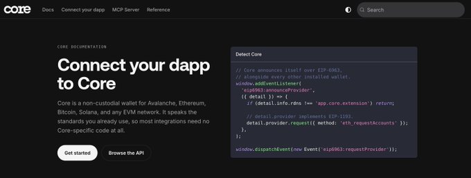 The Core documentation webpage with the heading 'Connect your dapp to Core', describing Core as a non-custodial wallet for various EVM networks, alongside a code snippet for detecting Core.