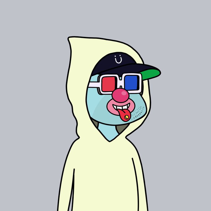 A cartoon illustration of a blue character wearing 3D glasses (red/blue), a black cap with a smiley face, a red clown nose, and a cream-colored hooded robe.