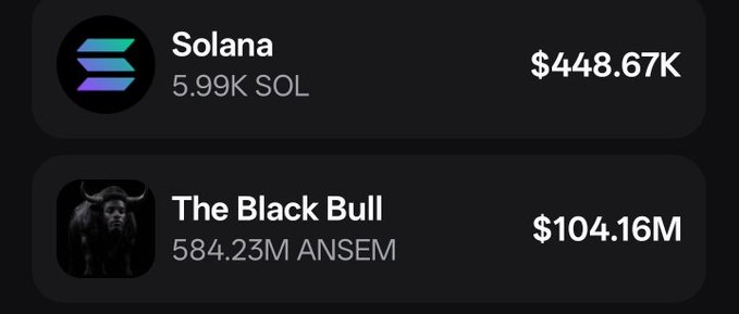 A crypto portfolio dashboard displays two holdings: "Solana" showing 5.99K SOL valued at $448.67K, and "The Black Bull" showing 584.23M ANSEM valued at $104.16M, illustrating the wallet's substantial SOL and ANSEM positions referenced in the post.