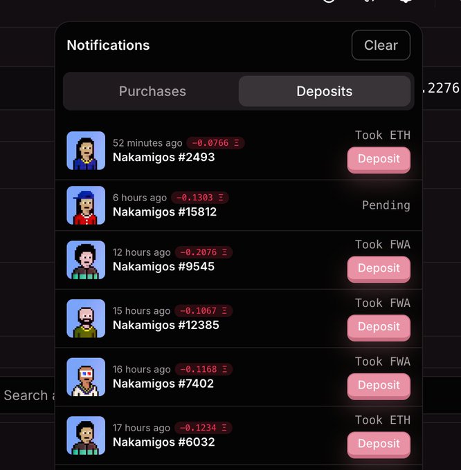 A dark-themed digital interface showing a 'Notifications' panel with 'Purchases' and 'Deposits' tabs, listing recent sales of various 'Nakamigos' NFTs with price drops (e.g., Nakamigos #2493, #15812) and 'Deposit' buttons.