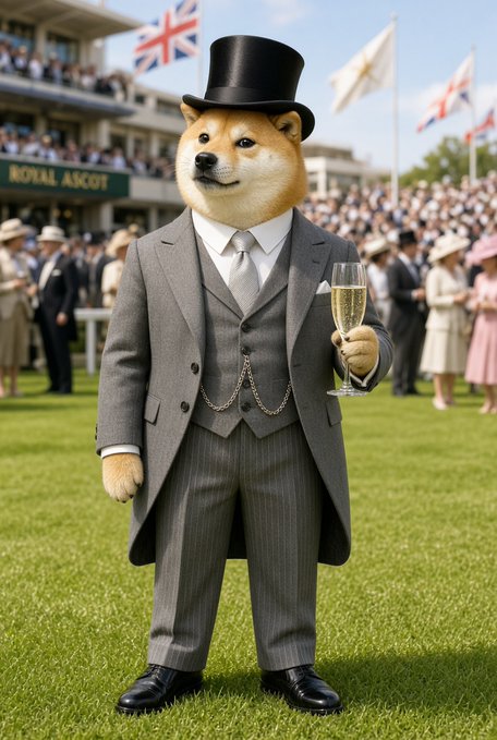 An anthropomorphic Shiba Inu dog dressed in a formal gray three-piece suit and black top hat, holding a champagne glass at the Royal Ascot horse racing event.