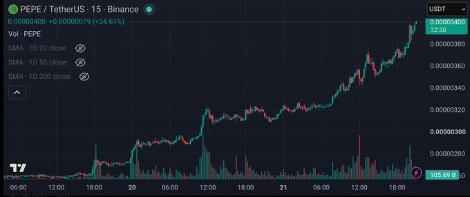A TradingView chart of PEPE/TetherUS on Binance shows a price increase of +24.61% to 0.00000400 USDT.