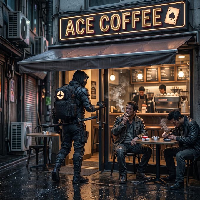 A "ACE COFFEE" shop in a dark alleyway where a hooded, armored figure with a sword stands while two men smoke at outdoor tables.