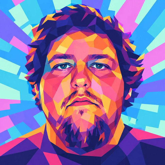 A vibrant, geometric/polygonal pop-art style portrait of a bearded man with blue eyes, rendered in bold shades of pink, orange, purple, and blue against a colorful abstract background.