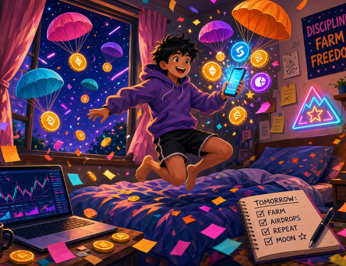 An anime-style illustration of a boy jumping excitedly on a bed in a colorful bedroom decorated with parachutes, crypto coins, neon signs reading 'DISCIPLINE' and 'FARM', with a to-do list marked 'FARM, AIRDROPS, REPEAT, MOON'.