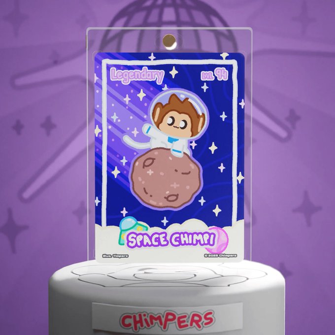 A 'Legendary' Chimpers NFT trading card titled 'SPACE CHIMPI' featuring an astronaut chimp floating above a small planet, displayed in a clear protective case.