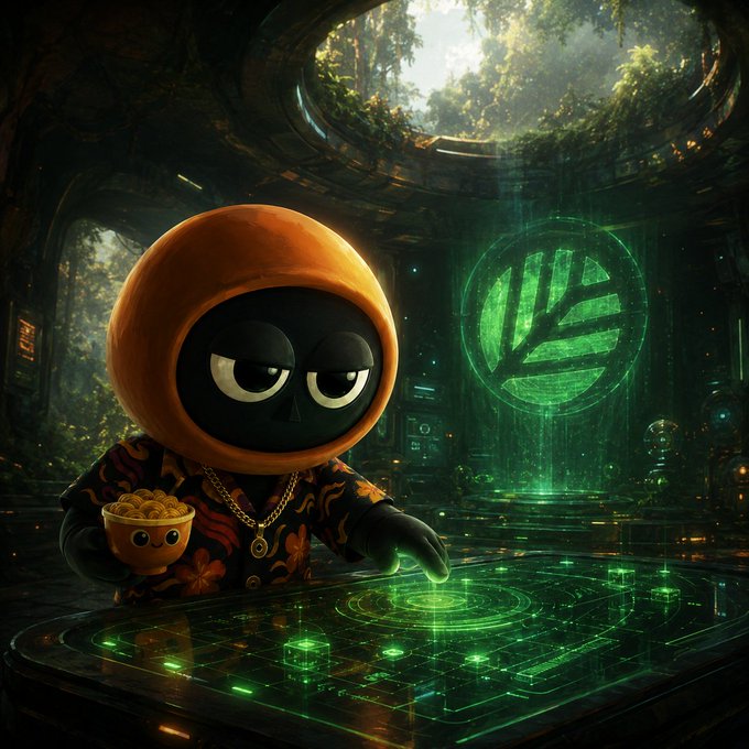 A digital artwork of a cartoonish character in an orange hooded outfit holding a bowl, standing at a glowing green holographic console.