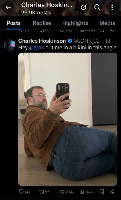 Charles Hoskinson (@IOHK_Charles) posted a mirror selfie of himself lounging on the floor while holding his phone, following up on an earlier tweet asking Grok to put him in a bikini from this angle—captioning the pair "absolutely nobody: cardano founder:" as a self-aware meme about his out-of-pocket post.
