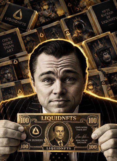The image features Leonardo DiCaprio holding a "LIQUIDNFTS" currency note labeled "100," with "OWN MORE THAN ART" and "REAL VALUE ONCHAIN" text, surrounded by NFT cards including one reading "NFTS BACKED BY LIQUIDITY." This visual reinforces the post's analogy by portraying Liquid NFTs as a tangible, currency-like asset with real backing, contrasting them with traditional NFTs that lack inherent value—similar to how fiat money would be viewed without backing.