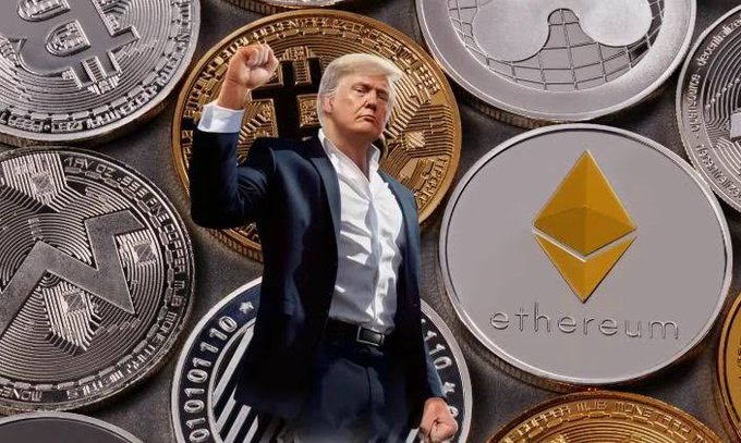 An image of Donald Trump in a suit with his fist raised, standing in front of a background of cryptocurrency coins including Bitcoin, Ethereum, and Monero.
