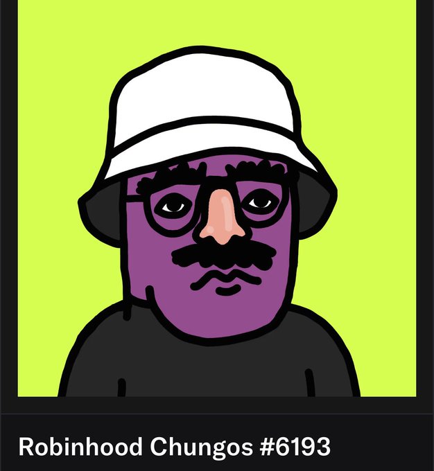 Cartoon character with purple skin, glasses, mustache, and white bucket hat on a lime green background, labeled 'Robinhood Chungos #6193'.
