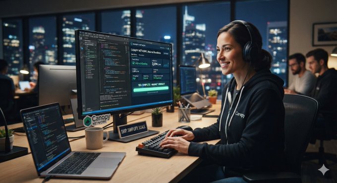 A smiling woman wearing headphones and a "Canopy" branded hoodie works at a computer displaying code on a monitor, with a "Canopy Network" sticker visible, set in a modern office with city skyline views.