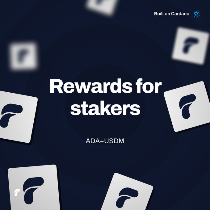 Promotional graphic with the text "Rewards for stakers ADA+USDM" and "Built on Cardano" in the top right, featuring floating white tiles with logos on a dark background.