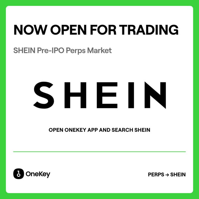 Square promotional image with a green border announcing 'NOW OPEN FOR TRADING - SHEIN Pre-IPO Perps Market' featuring the SHEIN logo and instructions to 'OPEN ONEKEY APP AND SEARCH SHEIN'.