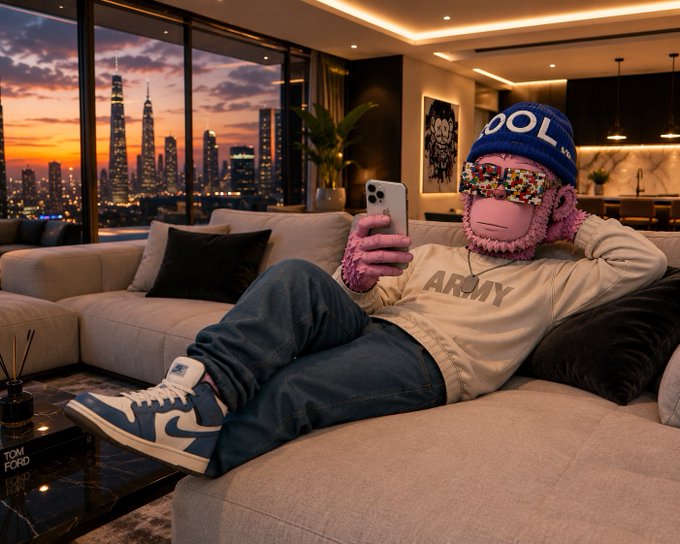 A stylized character with a pink furry face, wearing a blue "COOL" beanie, blindfold, "ARMY" sweatshirt, and Jordan sneakers, lounges on a couch scrolling on a smartphone against a city skyline backdrop.