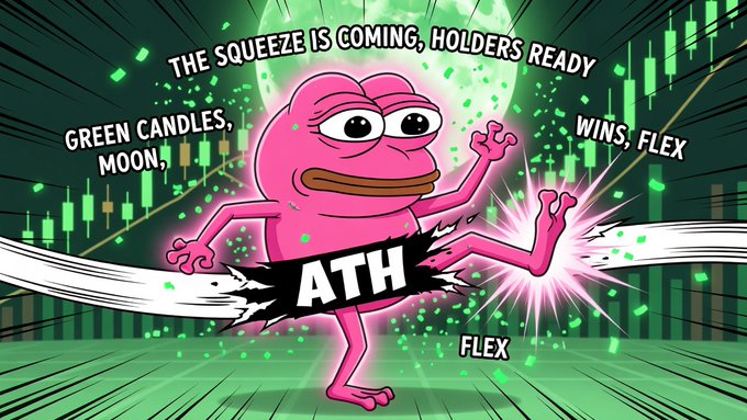 A pink Pepe-style frog mascot triumphantly displays "ATH" on its chest amid a green crypto chart backdrop, surrounded by bullish text reading "THE SQUEEZE IS COMING, HOLDERS READY," "GREEN CANDLES, MOON," "WINS, FLEX," and "FLEX" — perfectly matching the $PORK holders' rallying call for an imminent price squeeze.